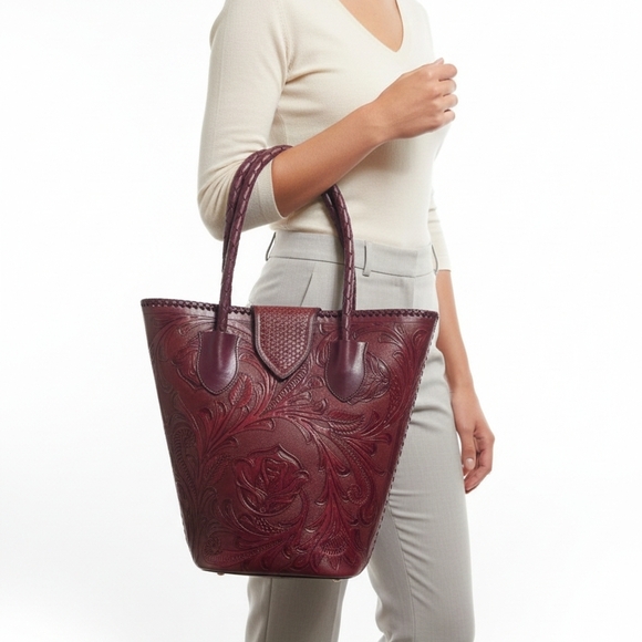 Handbags - Alexandro Yeo Elegant Burgundy Embossed Tote Bag